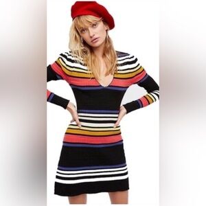 Free People Multicolor Striped V-Neck Dress Sweater